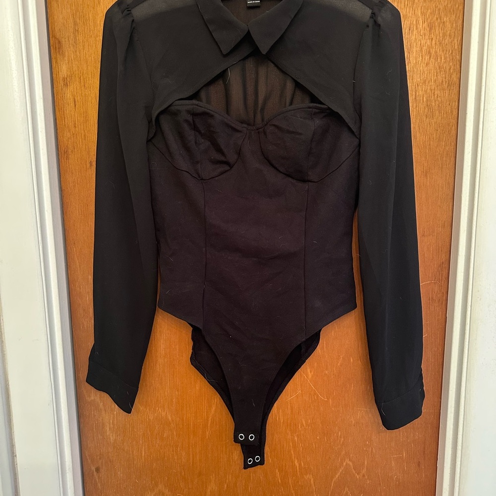 Black Long Sleeve Sheer Yoke Bodysuit